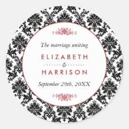 Vintage Red, Black & White Damask Wedding Favor Runt Klistermärke