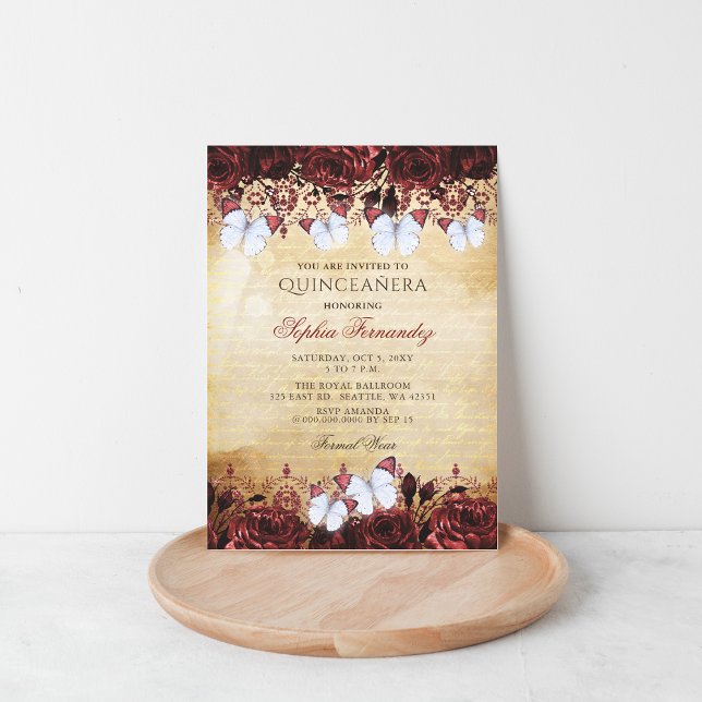 Vintage Red Blommigt Butterfly Quinceañera Inbjudningar (Vintage Red Floral Butterfly Quinceañera Invitation)