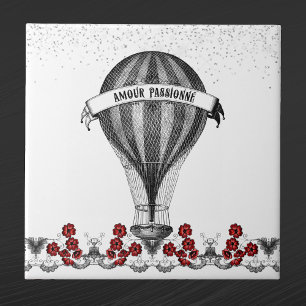 Vintage Red Blommigt Luftballong Kakelplatta