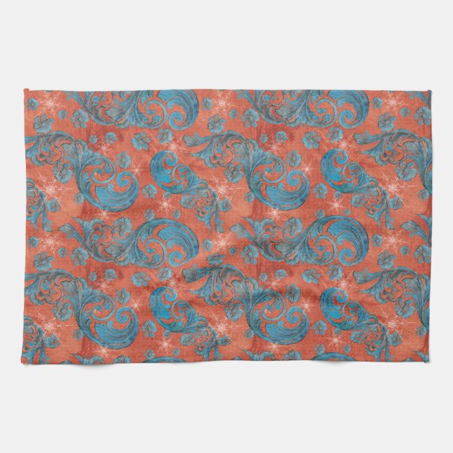 Vintage Red Blue-Scrollsar med snöflingor Kökshandduk (Horisontell)