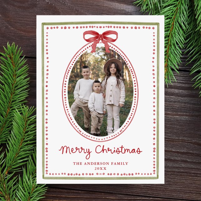 Vintage Red Bow Christmas Photo Helg Vykort (Skapare uppladdad)