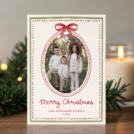 Vintage Red Bow Cream Christmas 2 Photo Julkort