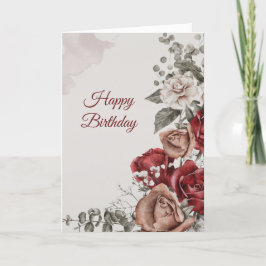 Vintage Red Bronze Vit ros Blommigt Birthday Kort