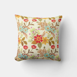 Vintage Red Brown Grönt Blommigt Canvas Mönster Kudde