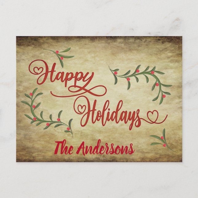 Vintage Red calligraphy Glad helg holly Vykort (Framsida)
