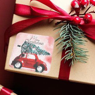 Vintage Red Car med Julgran bunden till Tak Fyrkantigt Klistermärke