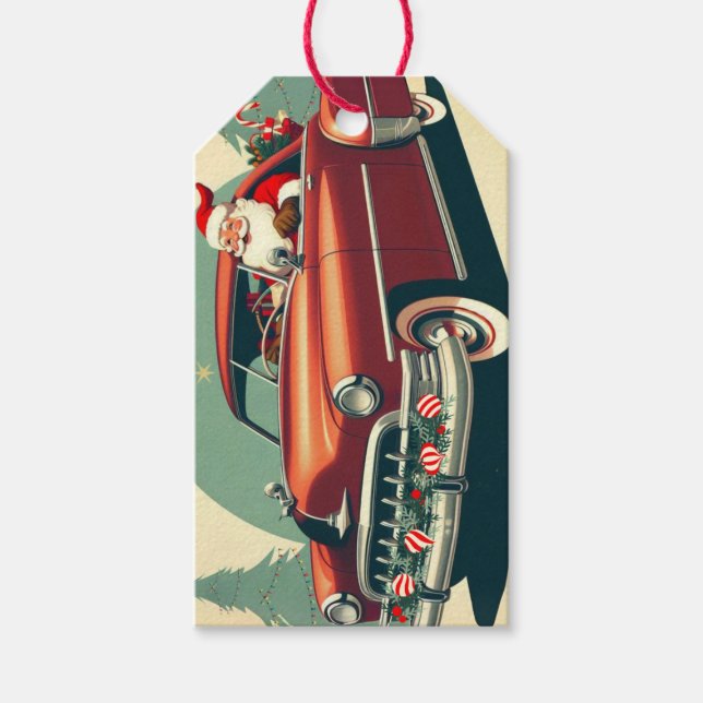 Vintage red car & Santa Presentetikett (Framsidan)