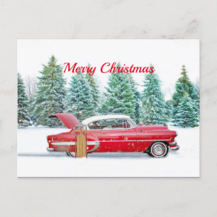 Vintage Red Car Snö Sled jul Vykort