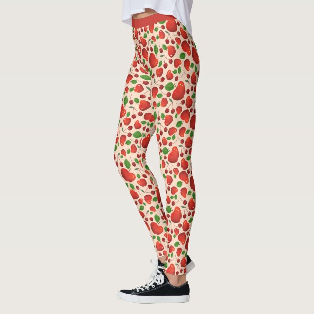 Vintage Red Cherry Fruit Orchard Mönster Leggings (Vänster)