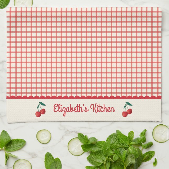 Vintage Red Cherry Gingham Mönster Kitchen Kökshandduk (Vikta)