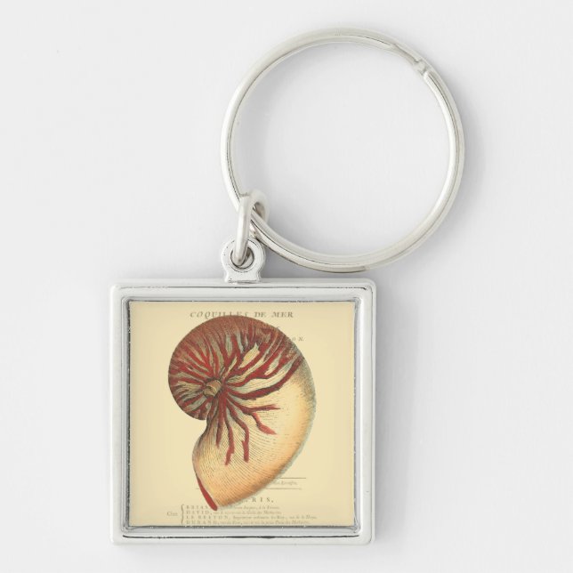Vintage Red Conch-Snäcka Fyrkantig Silverfärgad Nyckelring (Framsidan)