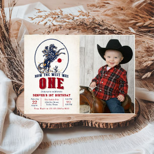 Vintage Red Cowboy Rodeo 1:a födelsedagsfoto Inbjudningar