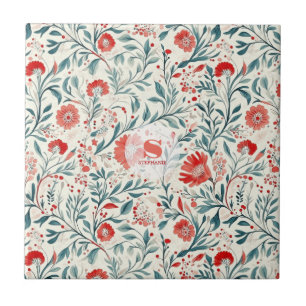 Vintage Red Daisy Blommönster - botaniskt Kakelplatta
