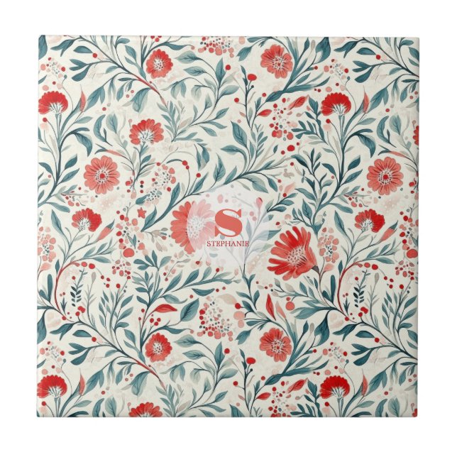 Vintage Red Daisy Blommönster - botaniskt Kakelplatta (Framsidan)