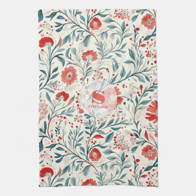 Vintage Red Daisy Blommönster - botaniskt Kökshandduk (Vertikal)