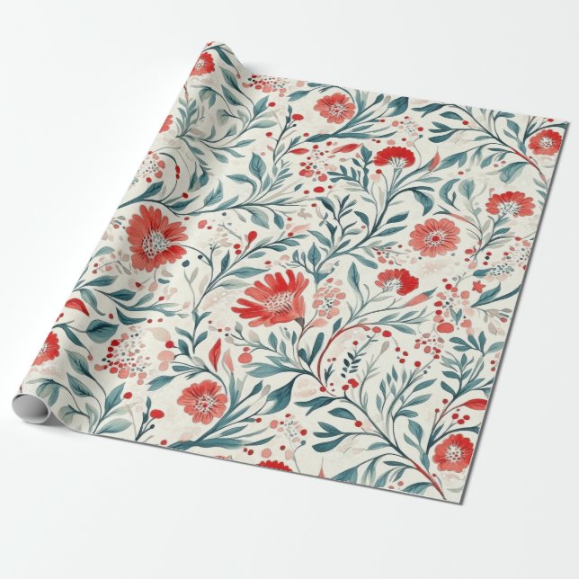 Vintage Red Daisy Blommönster - botaniskt Presentpapper (Utrullad)