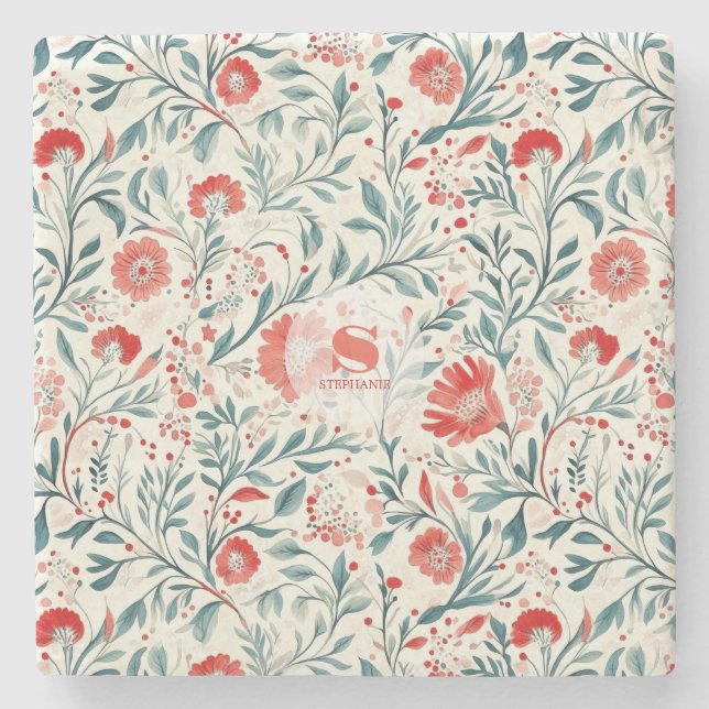 Vintage Red Daisy Blommönster - botaniskt Stenunderlägg (Framsidan)