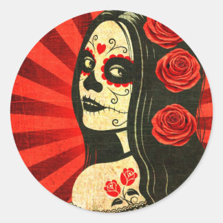 Vintage Red Day of the dead Girl Runt Klistermärke