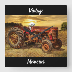 Vintage Red Farm Tractor Fyrkantig Klocka