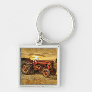 Vintage Red Farm Tractor Fyrkantig Silverfärgad Nyckelring