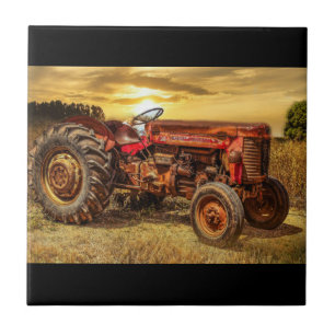 Vintage Red Farm Tractor Kakelplatta