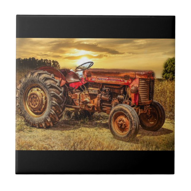 Vintage Red Farm Tractor Kakelplatta (Framsidan)