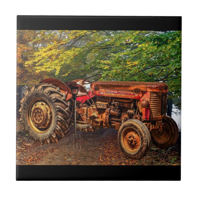 Vintage Red Farm Tractor Kakelplatta (Framsidan)
