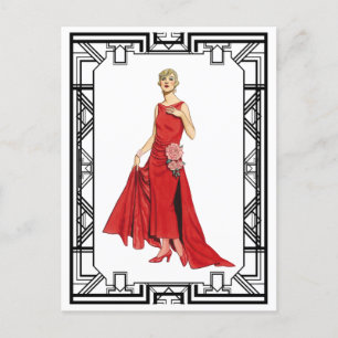 Vintage Red Flapper Slinky Silke Gown Mode Vykort