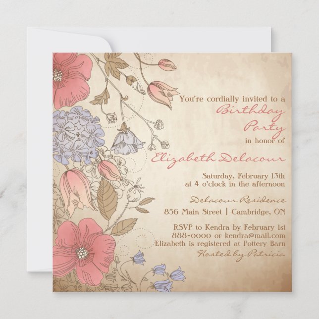 Vintage Red Flowers Inbjudningskort för möhippan (Framsida)