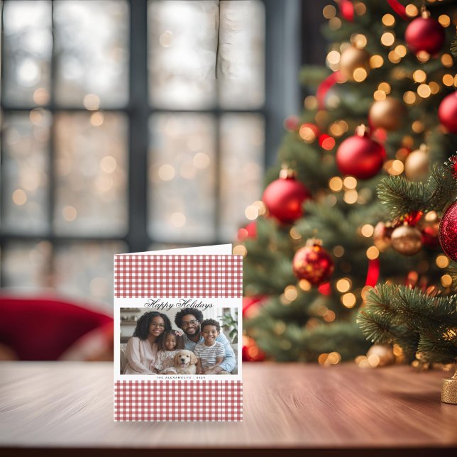 Vintage Red Gingham Helgdag Photo Helgkort (Folded Vintage Red Gingham Holiday Photo Card)