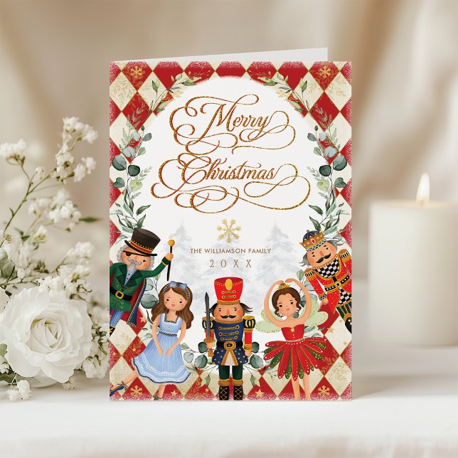 Vintage Red Gold Nutcracker Merry Christmas Helgkort (Skapare uppladdad)