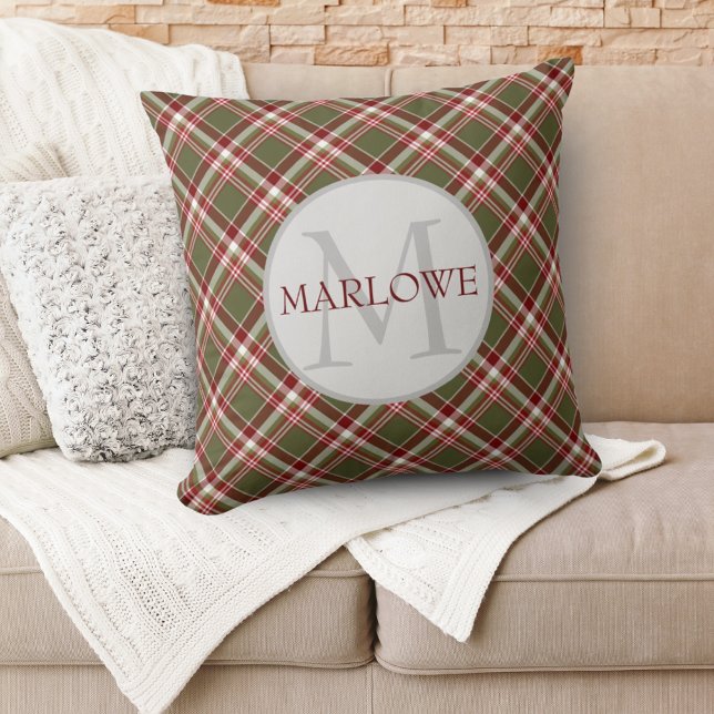 Vintage Red Grönt Classic Play Monogram Anpassning Kudde (Vintage Red Green Classic Plaid Monogram Custom Throw Pillow)