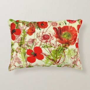 Vintage Red Grönt Poppies Sommarblommor Prydnadskudde