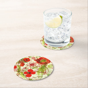 Vintage Red Grönt Poppies Sommarblommor Underlägg Papper Rund
