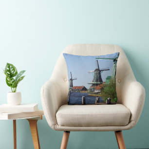 Vintage Red Grönt Zarenas Schans Dutch Windmills Kudde