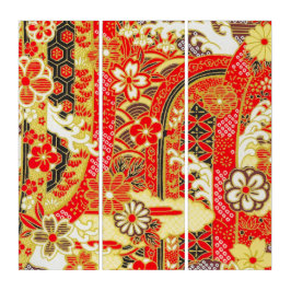 Vintage Red Guld Japansk Kimono Blommigt Flower