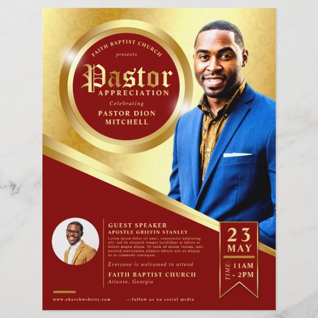 Vintage Red & Guld Pastor Apprecision Church Reklamblad (Framsidan)