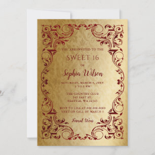 Vintage Red Guld Princess Tiara Sweet 16 Invati Inbjudningar