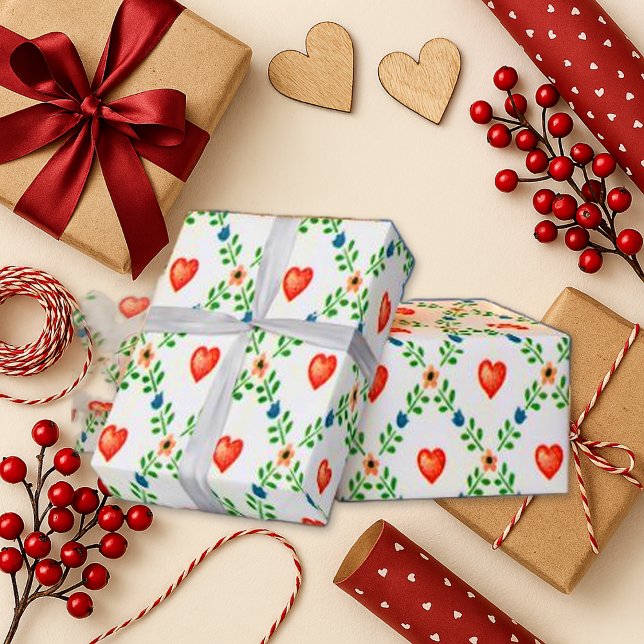 Vintage Red Heart Blommigt Kor-Stitch Presentpapper (Skapare uppladdad)