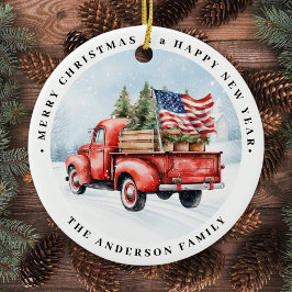 Vintage Red jul Lastbil Patriotic USA flagga Julgransprydnad Keramik