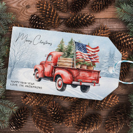 Vintage Red jul Lastbil USA flagga Patriotic Presentetikett