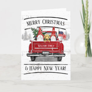 Vintage Red Lastbil Gnomes Hund Patriotisk jul Helgkort