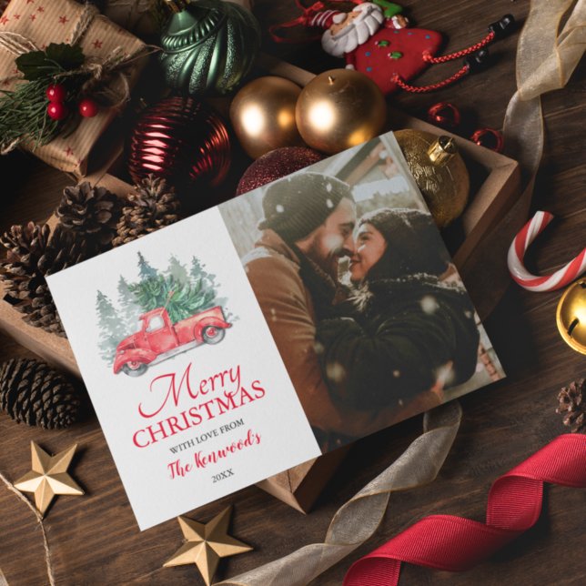 Vintage Red Lastbil-julfoto, Helgdag Julkort (Skapare uppladdad)