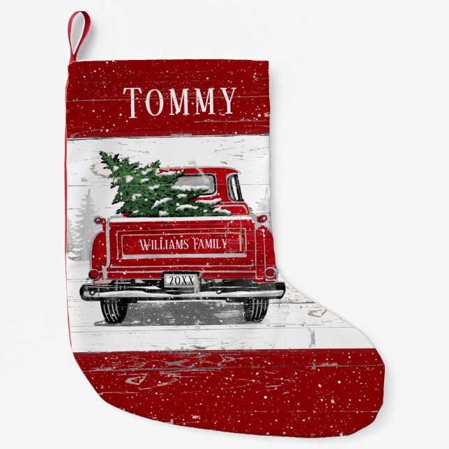 Vintage Red Lastbil Julgran Boy Namn Liten Julstrumpa (Framsidan)