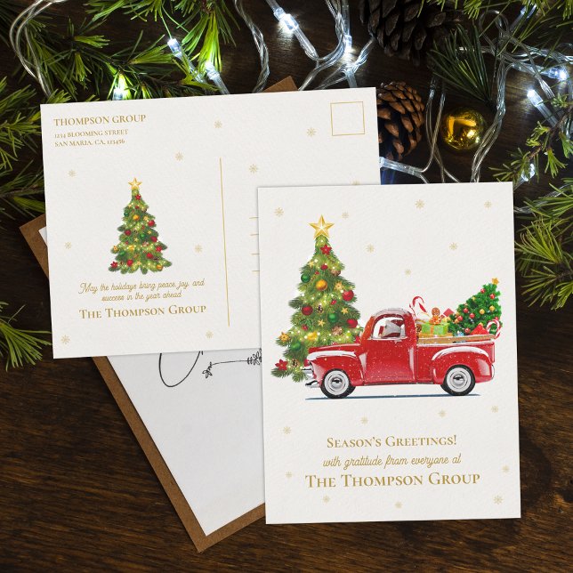 Vintage Red Lastbil Julgran Business Helgdag Vykort (Vintage Red Truck Christmas Tree Business Holiday Postcard)