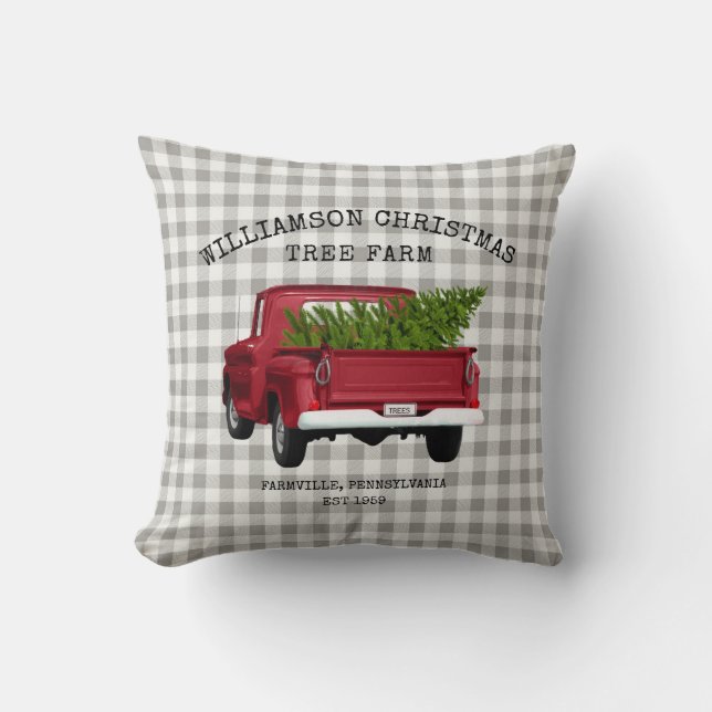 Vintage Red Lastbil Julgran Farm Family Namn Kudde (Framsida)