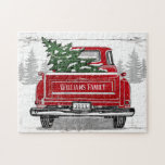 Vintage Red Lastbil Julgran Namn Rustic Pussel<br><div class="desc">Samla med din familj och samla ihop den här perfekten för pusslet för alla som kärlek lastbilar. Denna utformning har en vintage röd lastbil som bär en nyskuren grönt Julgran på en snöscen med gräs träd på en bakgrund av vitt och grått-barrträ. Anpassa med ditt namn och året på lastbil...</div>