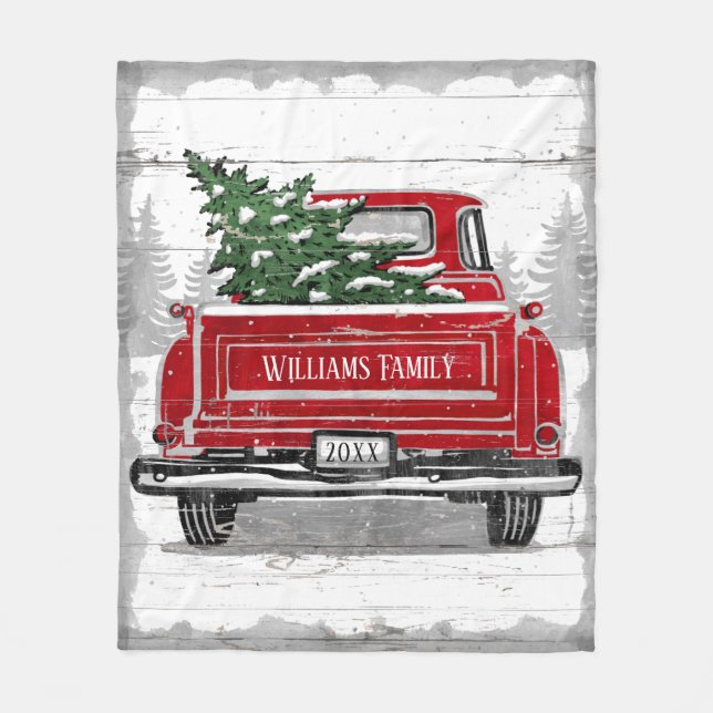 Vintage Red Lastbil Julgran Rustic Namn Fleecefilt (Framsidan)