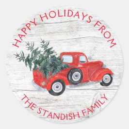 Vintage Red Lastbil Julgranar Barn Wood Runt Klistermärke