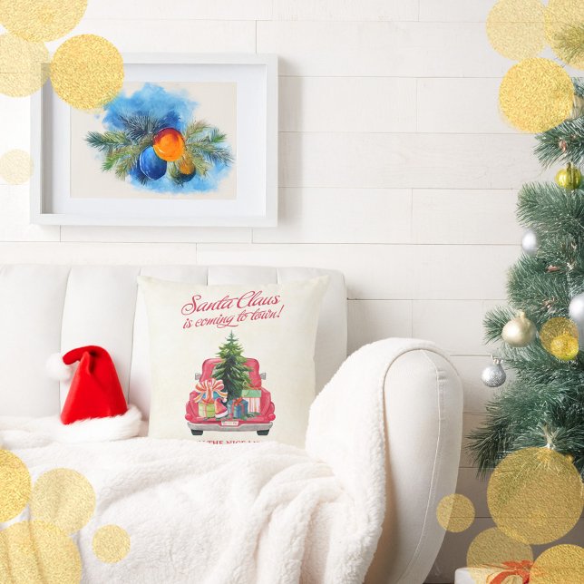 Vintage Red Lastbil Jultomten Kudde (Vintage Red Truck Santa Claus Throw Pillow)